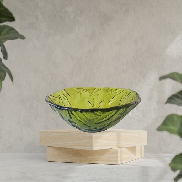 Vintage MCM Green Floral/Plant Drepression Glass Bowl Mid Centruy Modern Decor - Picture 5 of 10